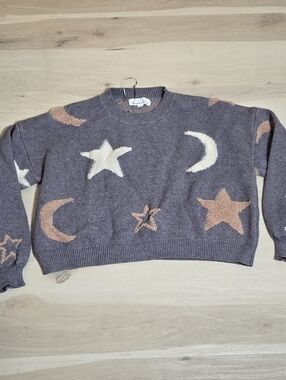 Threaded Leaf Pullover Knit Gray Boxy Sweater womens L Moon Stars soft cropped